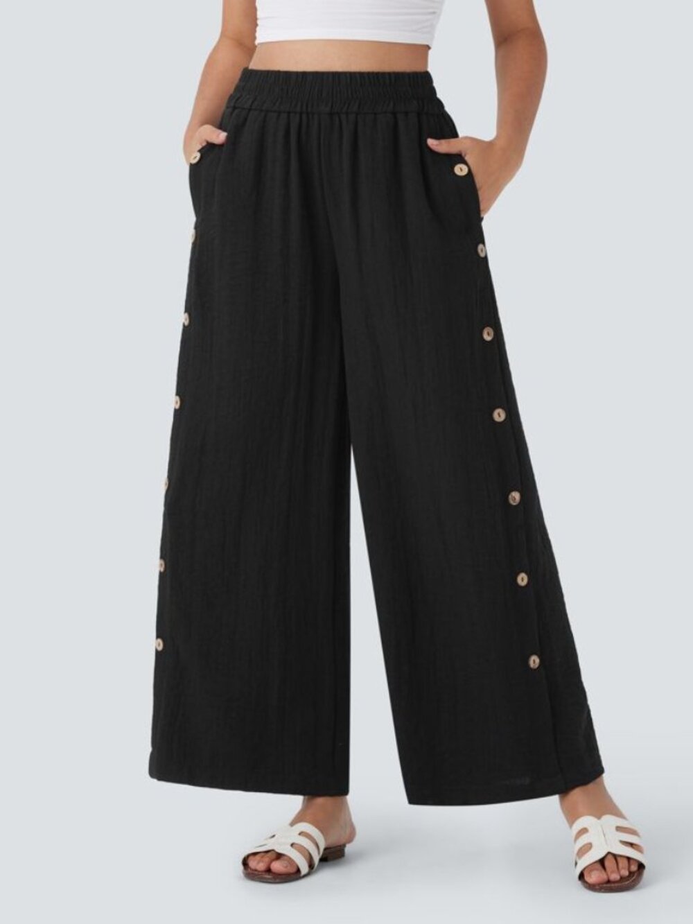 Halara Large Black High Waisted 7/8 Wide Leg Linen-Feel Pants 50% off Retail